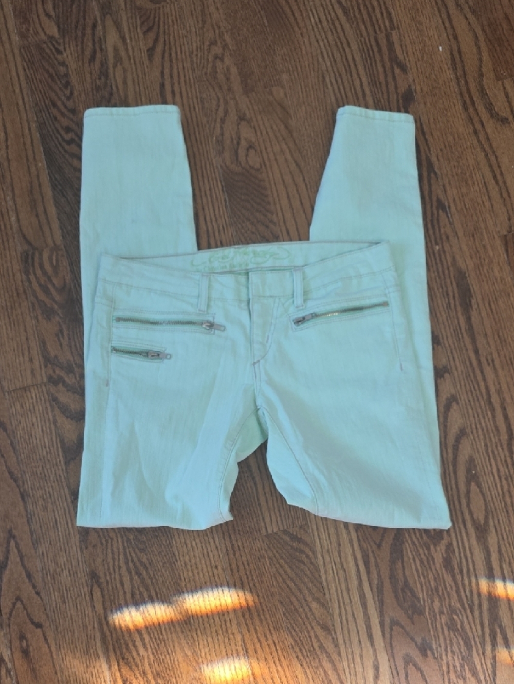 Ed Hardy Mint Green Skinny Jeans with Front Zippers